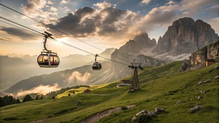 Naklejka premium Cable Car Mountain Scenery Sunrise Landscape Alps Dolomites Italy Travel Tourism Transportation Hiking Nature Valley Clouds Green Meadows Summer Destination