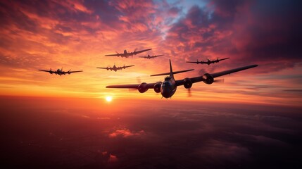 Majestic Warplanes Soaring Through Orange and Purple Skies