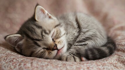 A cute, young tabby kitten with sweet little eyes is sleeping peacefully, relaxed and lying on a soft white bed
