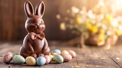 Delicious Chocolate Easter Bunny with Colorful Eggs, A charming chocolate Easter bunny sits amongst a cluster of colorful speckled eggs on a rustic wooden table.