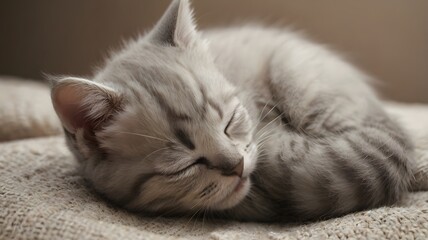 A cute white kitten, a fluffy feline baby with blue eyes, is sleeping peacefully, a portrait of adorable domesticity