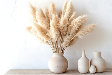 Naklejka premium Elegant arrangement of pampas grass in rustic vase with minimalist ceramic bottles on wooden surface