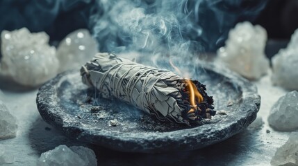 A bundle of sage smokes in stone plate, surrounded by healing crystals. Dense white smoke cleansing energy of the stones