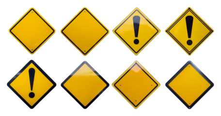 Various Warning Signs with Yellow Backgrounds and Exclamation Marks, isolated on transparent background