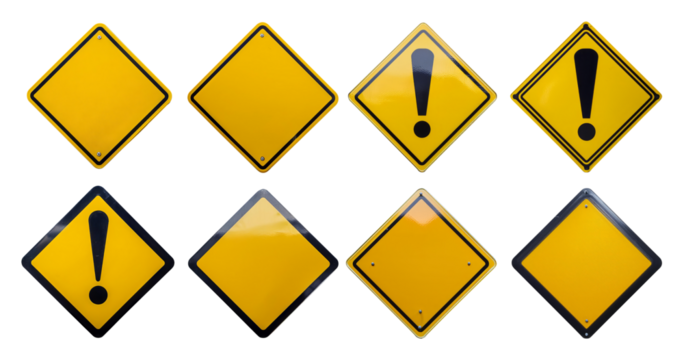 Various Warning Signs with Yellow Backgrounds and Exclamation Marks, isolated on transparent background - Powered by Adobe