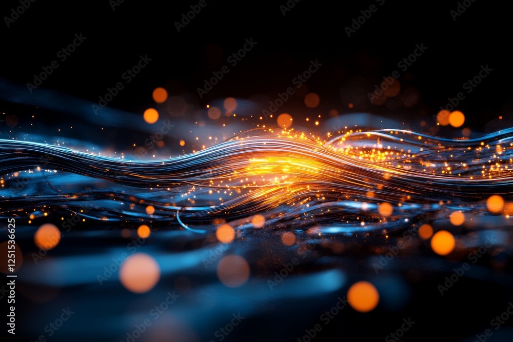 Poster dynamic flow of light and energy in a dark setting with glowing particles and swirling lines