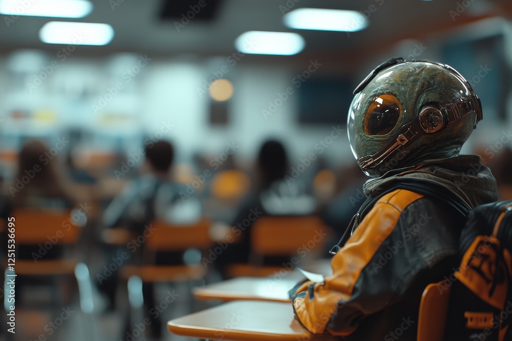 Aufkleber unusual classroom setting featuring a student in a spacesuit attending a lesson in a futuristic scho