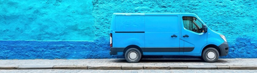 Blue delivery van parked by textured blue wall. Urban scene