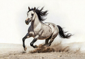 Dappled grey horse galloping and raising dust on white background ia
