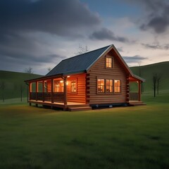Obraz premium wooden cabin, , sits in a lush green field under a cloudy sky