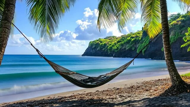 potrait of a hammock hanging between two palm trees on the beach of an exotic island with cliffs in the background and turquoise water.