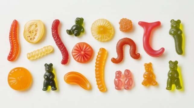 A collection of assorted gummy candies in various shapes like bears, worms, and fruit slices, laid out on a white background, showcasing their playful appearance.