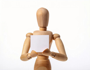 Wooden mannequin on white background holding a blank sheet of paper, symbolizing ideas and creativity. Ideal for motivational and inspirational content, encouraging people to express themselves.
