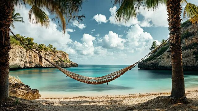 potrait of a hammock hanging between two palm trees on the beach of an exotic island with cliffs in the background and turquoise water.