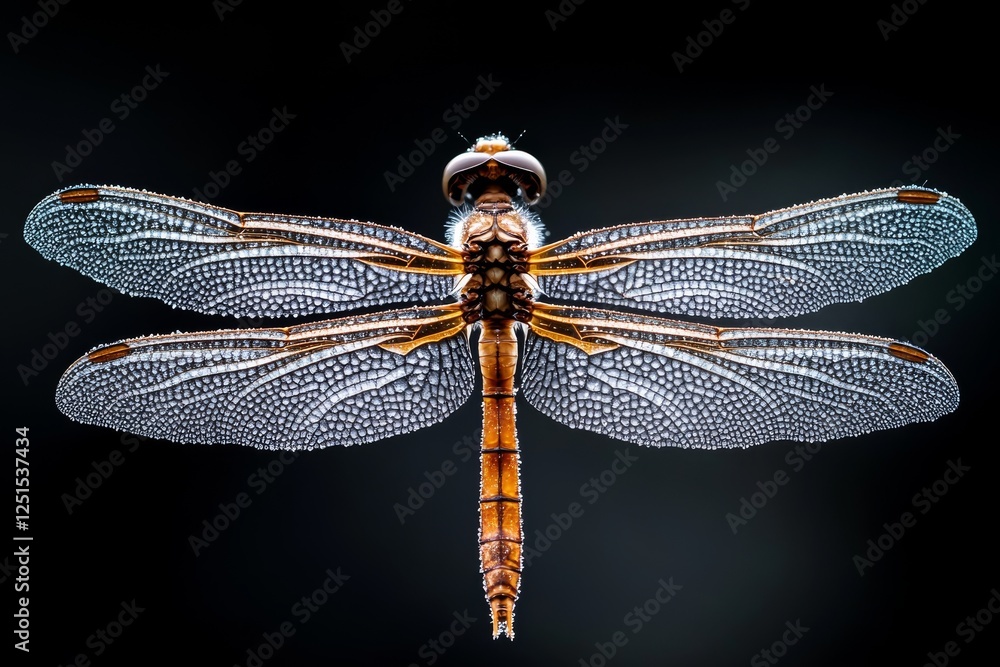 Poster detailed view of a dragonfly showcasing intricate wing patterns and colors against a dark background