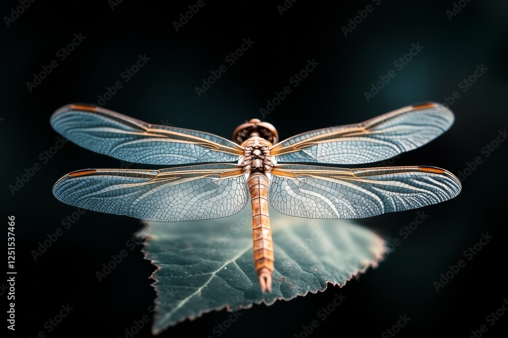Poster dragonfly resting on a leaf with intricate wing patterns in soft light during a tranquil moment in n