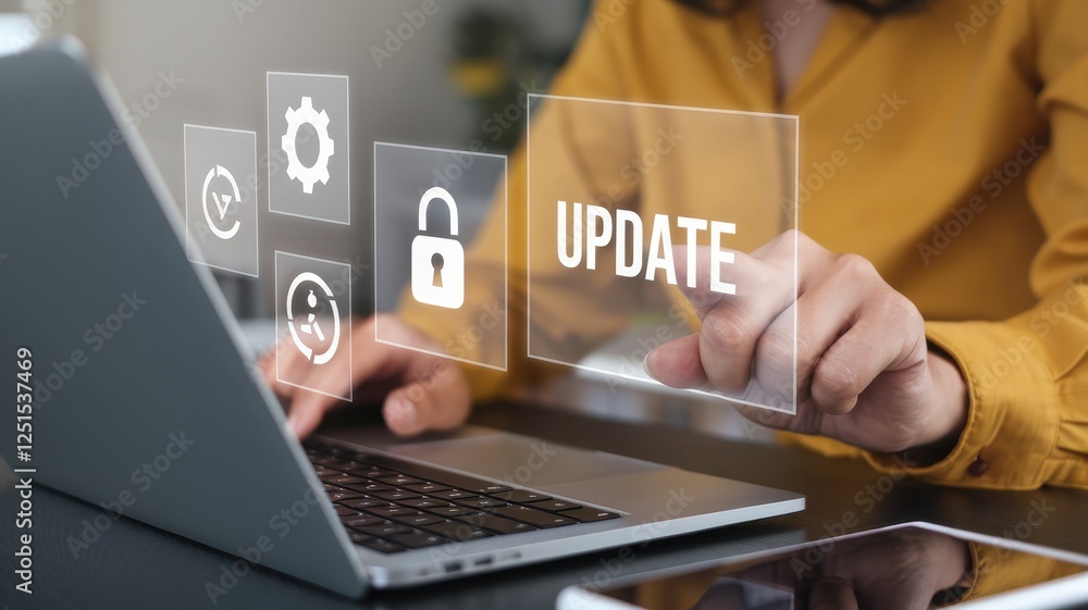 Poster software update process: woman uses laptop to perform system upgrade and enhance security