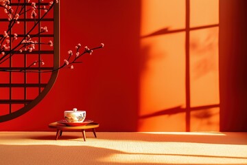 Cena minimalista com decoração asiática tradicional em tons quentes de vermelho e laranja, com xícaras de chá e sombra de flores de cerejeira em um ambiente iluminado, criada com IA generativa