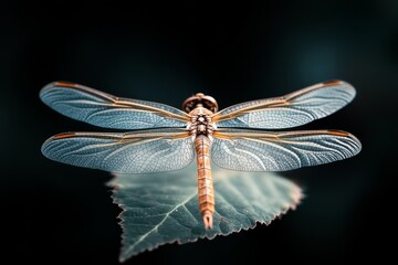 Dragonfly resting on a leaf with intricate wing patterns in soft light during a tranquil moment in nature