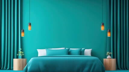sleek bedroom design with turquoise walls and aqua bed
