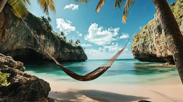 potrait of a hammock hanging between two palm trees on the beach of an exotic island with cliffs in the background and turquoise water.
