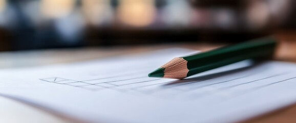 Green pencil on form, blurred background, desk