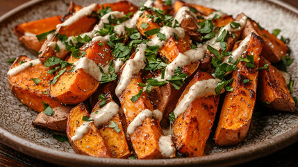 Roasted sweet potato wedges drizzled with creamy sauce and herbs, a savory and colorful vegetarian side dish.