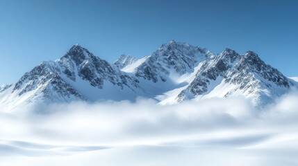 Fototapeta premium Snowy mountain peaks above cloudscape, winter landscape
