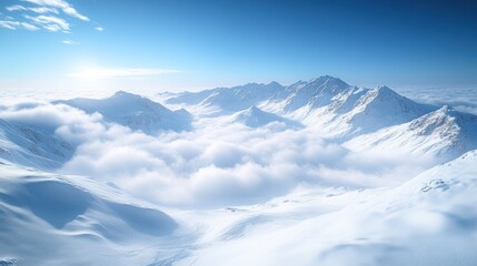 Snowy mountain range above clouds, aerial view