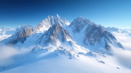 Obraz premium Snowy mountain range aerial view, winter landscape, clear sky