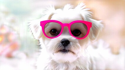 A playful and adorable Maltese puppy, with a fluffy white coat, big brown eyes, and a tiny nose, wearing oversized, trendy sunglasses with brightly colored frames, perhaps in shades of pink or blue, p