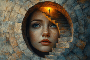 Journey through the mind's labyrinth: exploring stairs and consciousness for creative poster design and thinking concepts