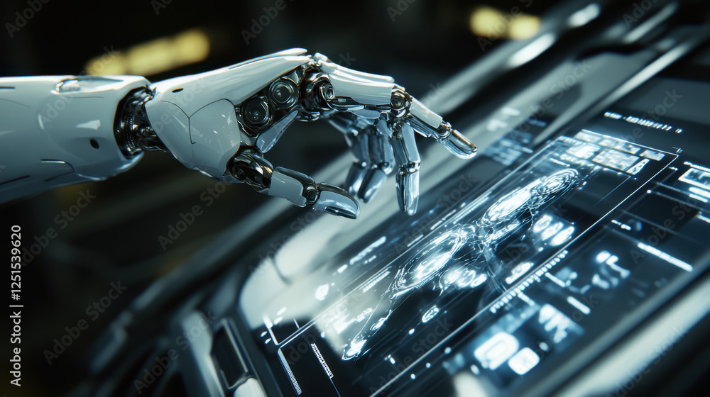 Poster advanced robotic hand interacting with futuristic touchscreen interface in high-tech environment dis