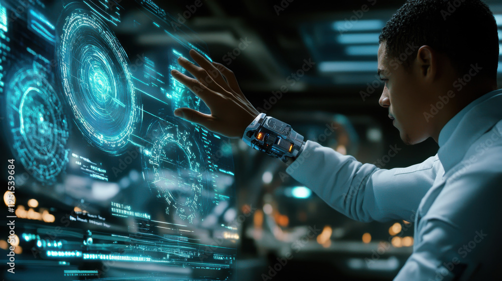 Poster young man interacting with futuristic virtual interface in high-tech environment with holographic di