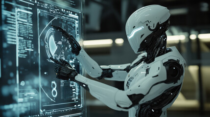 Fototapeta premium Futuristic humanoid robot interacting with advanced virtual interface in high-tech environment for cutting-edge technology exploration