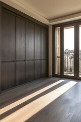 Fototapeta premium Light Streams into Modern Apartment Bedroom with Dark Wardrobe and Balcony Door View
