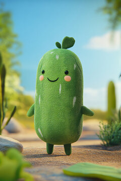Naklejki Adorable plush pickle character in sunlit forest scene, featuring smiling face and cute design elements, perfect for children's themes