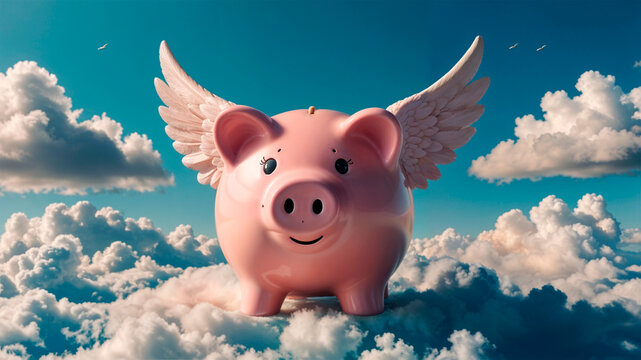 Libertad financiera, un cerdito con alas vuela sobre un mar de nubes, representando el ahorro y la inversi&oacute;n, Imagen generada
