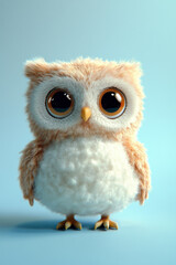 Obraz premium Cute fluffy owl with big eyes against soft blue background, featuring realistic feathery texture and adorable expression