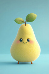 Cute smiling cartoon pear with leafy stem on light blue background, expressing joy and playfulness in a cheerful minimalist style