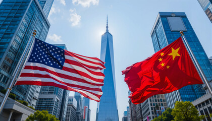Diplomatic Skyline – The flags of China and the U.S. displayed prominently against a futuristic skyline with reflective skyscrapers.