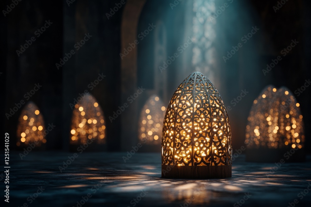 Poster intricate lanterns illuminate a serene space with soft light and artistic shadows at dusk