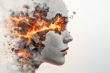 Creative depiction of a female face merging with elements of fire and rock in a surreal artistic...