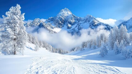 Obraz premium Snowy mountain valley, winter scene, clouds, ski tracks, postcard
