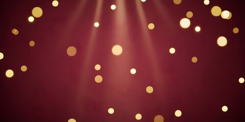 a deep red abstract background with glowing golden bokeh lights floating across, with soft beams of light radiating from the center 3