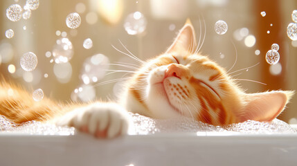 A ginger cat relaxes in a bubble bath, eyes closed, soaking in sunlight while playful bubbles drift around. The atmosphere is warm and serene, perfect for relaxation