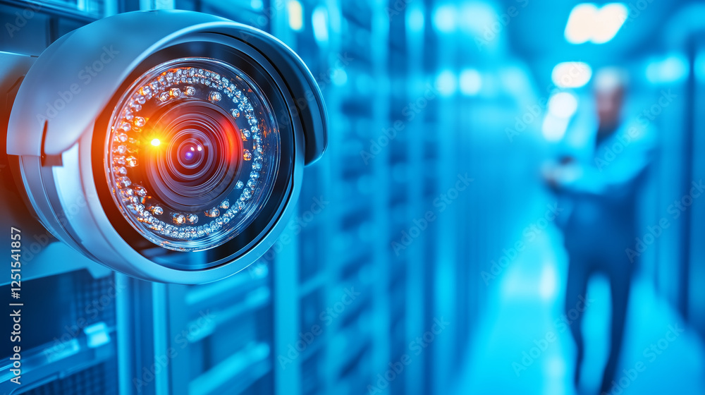 Poster a close-up view of a security camera in a data center captures the glowing lights and advanced techn