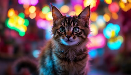 Cute Kitten Portrait with Bright Bokeh Background and Intense Gaze