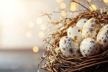 Obraz premium Decorative eggs nestled in a twigs nest, surrounded by soft glowing lights during spring season festivities