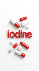 "Red and white capsules and tablets with the word iodine"
Medical supplements, health, iodine, pharmaceuticals